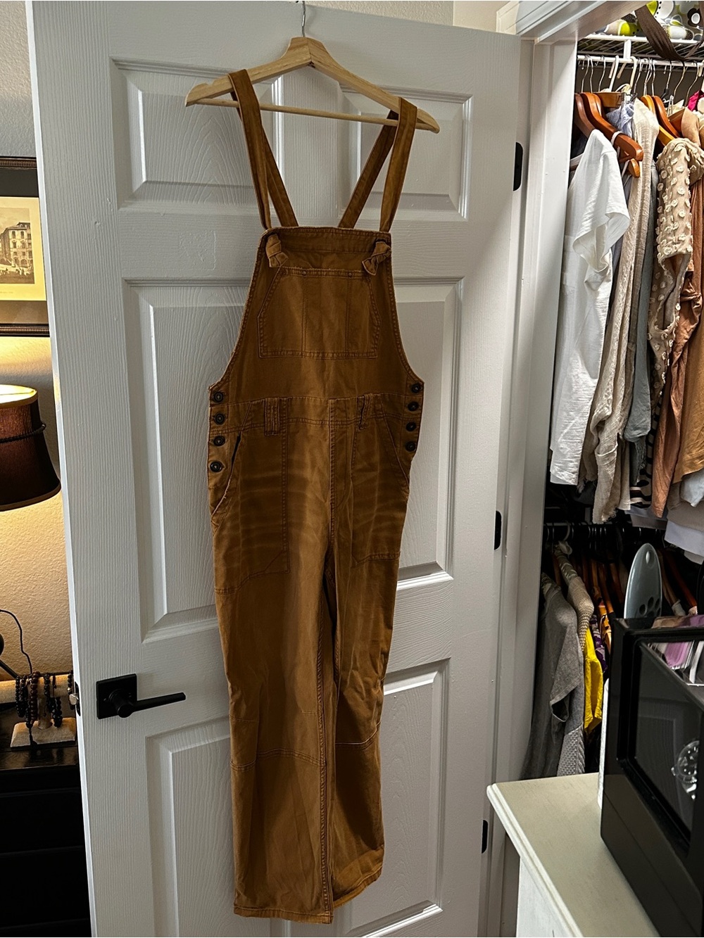 Anthropologie Camel Brown Denim Overalls with Buttoned Sides